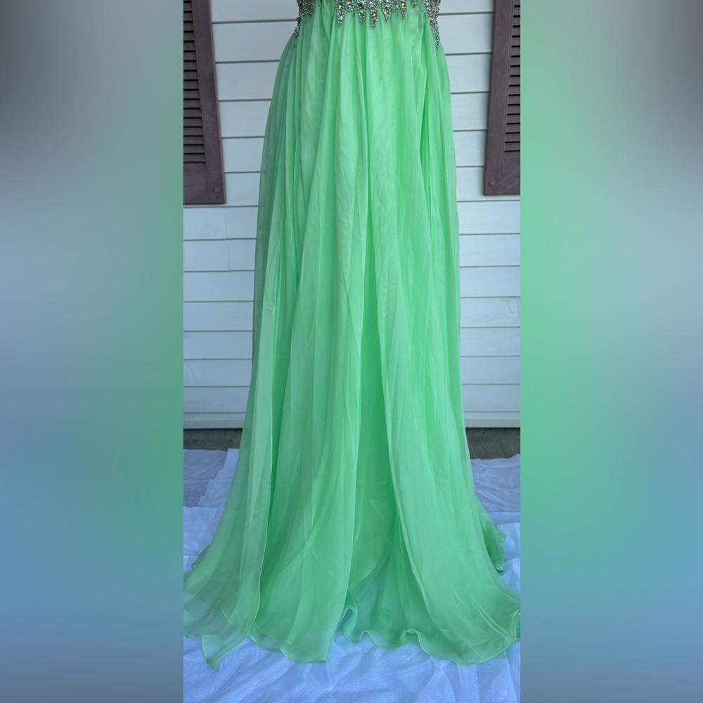 Sherri Hill Formal Prom Dress Sequin Beaded Chiffon Green Strapless Size 14 - Picture 4 of 10